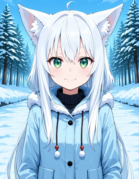 taga,, anime, solo, BREAK, young fox girl, skinny and frail, (petite,cute:0.5), green eyes, looking at viewer, long hair, white hair, smile, winter clothes, outdoors, winte