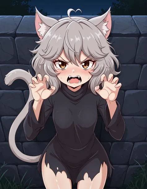 jasminthemanticore_style, shiny,, 1girl, petite, (skinny and frail:0.7), cat girl, against wall, stone wall, brown eyes,looking at viewer, grey hair, medium hair, messy hair, angry, (scared:0.4), (open mouth:0.5), fangs, hands up, (tearing up:0.5), tail ra...