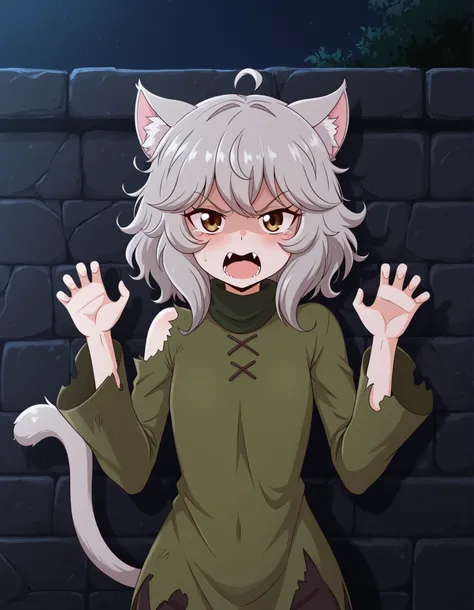 jasminthemanticore_style, shiny,, 1girl, petite, (skinny and frail:0.7), cat girl, against wall, stone wall, brown eyes,looking at viewer, grey hair, medium hair, messy hair, angry, (scared:0.4), (open mouth:0.5), fangs, hands up, (tearing up:0.5), tail ra...
