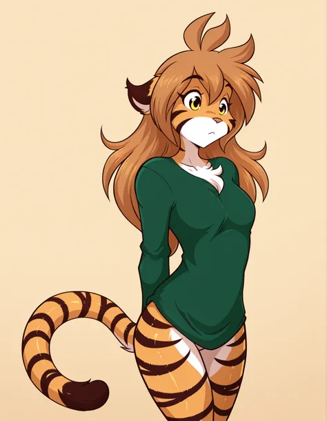 jasminthemanticore_style, shiny,, furry, solo, flora-twokinds, flora_twokinds,, tiger, striped fur, keidran, yellow eyes, anthro, simple background,,, green shirt