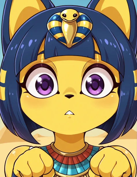 jasminthemanticore_style, shiny,, depth of field, 1girl, furry, ankha \(animal crossing\), expressionless, eye reflection, yellow background, yellow theme, blue background, desert,, purple eyes, glowing eyes, wide-eyed, paw pose, looking at viewer, close-u...