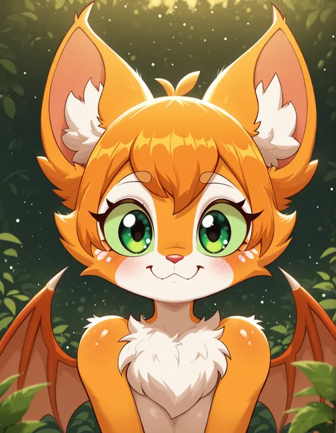jasminthemanticore_style, shiny,, masterpiece, best quality, very aesthetic, (1girl:0.7),, (solo:1.3), furry, fidget \(elysian tail\), nimbat, fidget_daet, anthro, furry female, wings, tail, green eyes, colored sclera, bat wings, facial markings, orange fu...