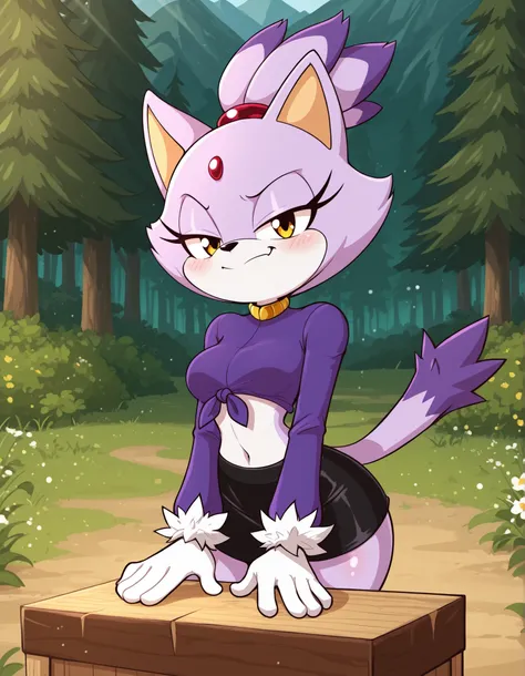jasminthemanticore_style, shiny,, solo, 1girl, blaze the cat, furry, shiny skin, short stack, white gloves, black miniskirt, midriff, red checkered knotted top, tied shirt, BREAK smile, smug, BREAK night, forest background, (mountains:1.1), flower, wood ch...