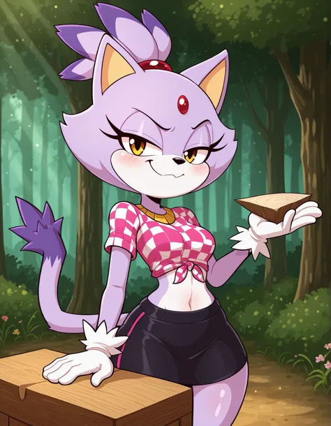 jasminthemanticore_style, shiny,, solo, 1girl, blaze the cat, furry, shiny skin, short stack, white gloves, black miniskirt, midriff, red checkered knotted top, tied shirt, BREAK smile, smug, BREAK night, forest background, (mountains:1.1), flower, wood ch...