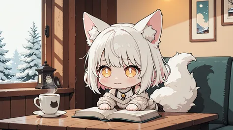Chibi,(chibi:1.4),A shy, super cute Japanese-style anime cat-girl with soft fluffy cat ears and a delicate fluffy tail, sitting inside a warm, cozy Japanese café. She has big gentle eyes with a soft blush, giving a sweet, timid expression.
Pose: She sits w...