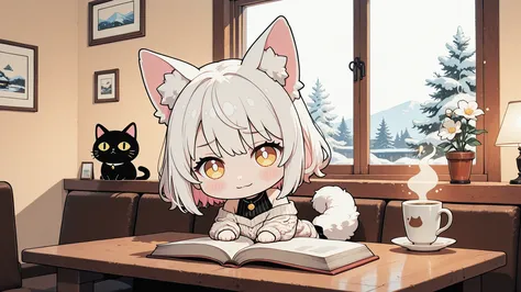 Chibi,(chibi:1.4),A shy, super cute Japanese-style anime cat-girl with soft fluffy cat ears and a delicate fluffy tail, sitting inside a warm, cozy Japanese café. She has big gentle eyes with a soft blush, giving a sweet, timid expression.
Pose: She sits w...
