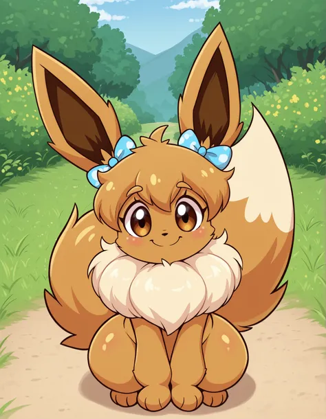 jasminthemanticore_style, shiny,, pokekid, eevee, fluffy girl, furry girl, female, smile, smiling, has a big pretty bow in her hair, has animal paws for hands, 1girl, best quality, outdoors, high definition, cute,