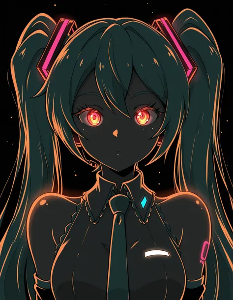 jasminthemanticore_style, shiny,, Hatsune Miku, limited palette, black background, colorful, vibrant, glowing outline, neon, blacklight, looking at viewer, masterpiece, very aesthetic