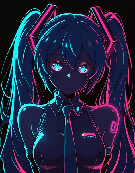 jasminthemanticore_style, shiny,, Hatsune Miku, limited palette, black background, colorful, vibrant, glowing outline, neon, blacklight, looking at viewer, masterpiece, very aesthetic