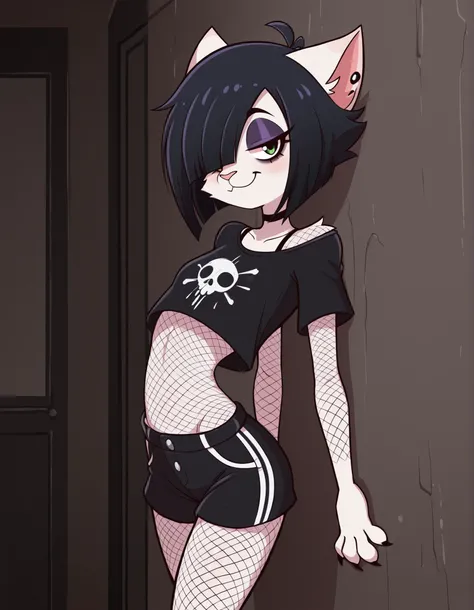 jasminthemanticore_style, shiny, volumetric_lighting, chiaroscuro_lighting, vibrant, shaders, against_the_wall, arched_back, 1girl, interior, solo, detailed, furry, cat, skinny, smug, ((cute_clothes, emo, fishnets)), white_fur, cute, claws, stare, soft_lig...