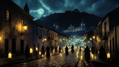 Surreal fantasy, Painterly look, detailed, intricate, cinematic styles,  moody colors, a dynamic visual storytelling of a historic street in Mariana, a ghostly procession with translucent beings holding candles, ascending a cobblestone hill lined with colo...