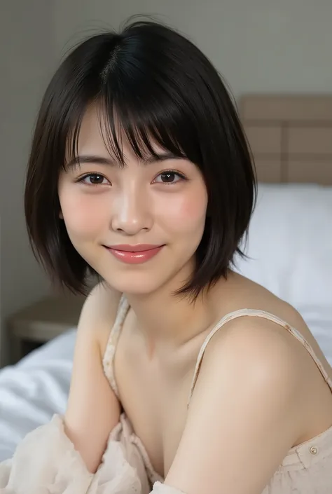 (( Premium Quality, 8k )), ((masterpiece)), ( details), 、dark hair, Japanese Girl, first-person view ,One Woman, plump girl , petite girl , sexy,( full nude, in the bedroom),((( very large breasts, full nude, beautiful breasts, short bob ...