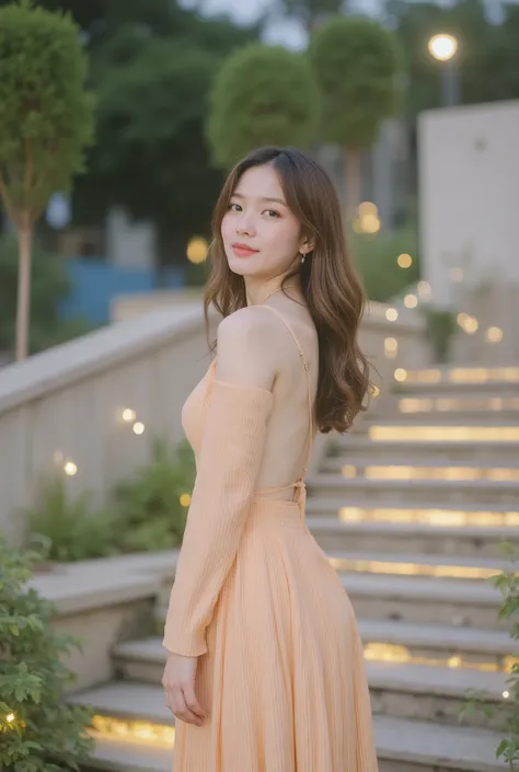 hyperrealistic 8K morning view portrait。 on the illuminated outdoor staircase Young woman standing。 use the exact same face as the reference photo、100 facial skeletal parts％Match。 Natural Skin Texture、soft nightmakeup、 clear eyebrows 、Warm blush、glossy nat...