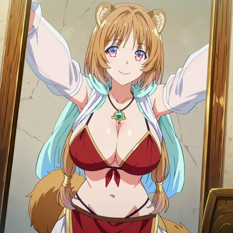 Raphalia, from The Rise of the Shield Hero, has raccoon ears, round pink eyes, orange hair with rounded ears and tail, fair skin, a slender figure, and large breasts. She poses standing with her hands at her bare sides and is an evil version of herself: sh...
