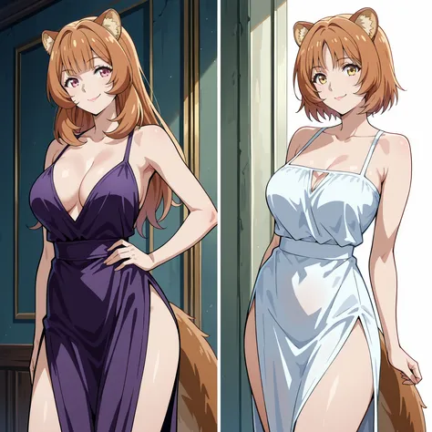 Raphalia, from The Rise of the Shield Hero, has raccoon ears, round pink eyes, orange hair with rounded ears and tail, fair skin, a slender figure, and large breasts. She poses standing with her hands at her bare sides and is an evil version of herself: sh...