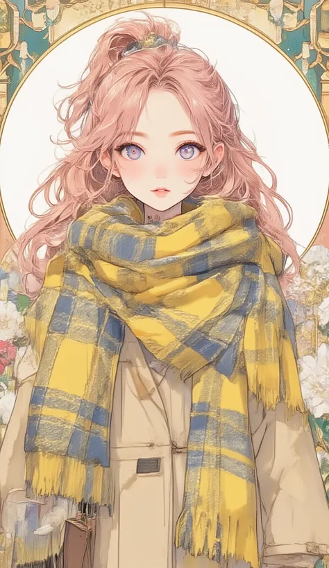 ((best image quality、Japanese Illustration Style))、Artistically drawn、A stunning portrait of a beautiful woman carefully drawn down to the smallest detail。20 years old、winter trend((Voluminous yellow and blue plaid scarf))xlong boots x((beige long coat))、c...