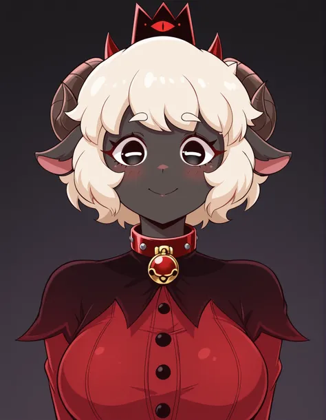 jasminthemanticore_style, shiny,, masterpiece, best quality, very aesthetic, 1girl, solo, cult of the lamb, sheep girl, collar, horizontal pupils, red/black eyes, red crown,