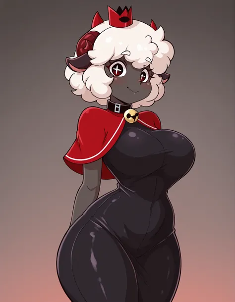 jasminthemanticore_style, shiny,, masterpiece, best quality, very aesthetic, 1girl, solo, cult of the lamb, sheep girl, collar, horizontal pupils, red/black eyes, red crown,