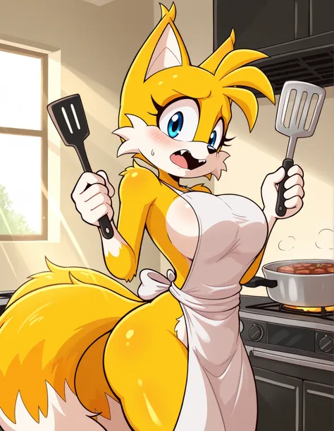 jasminthemanticore_style, shiny, solo, 1girl, large breasts, tails \(sonic\), furry, female, fox, yellow fur, white fur, two-tone fur, Blue Eyes, Two Tails, White Tipped Tails, black nose, white apron, standing, holding chef's spatula, hand up, confused, w...