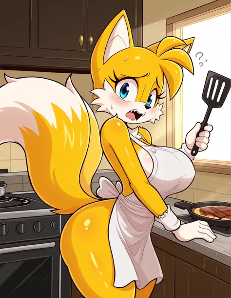 jasminthemanticore_style, shiny, solo, 1girl, large breasts, tails \(sonic\), furry, female, fox, yellow fur, white fur, two-tone fur, Blue Eyes, Two Tails, White Tipped Tails, black nose, white apron, standing, holding chef's spatula, hand up, confused, w...