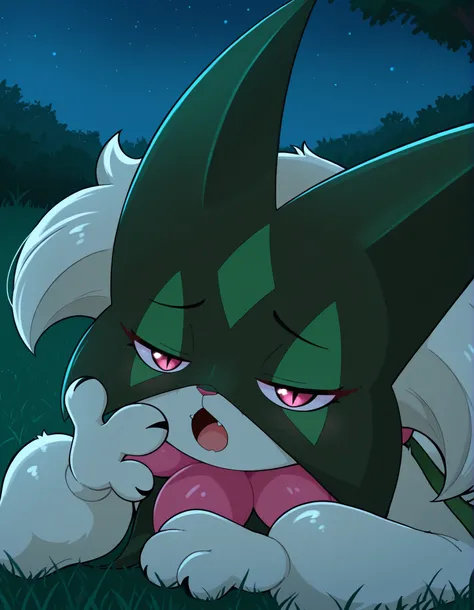 jasminthemanticore_style, shiny, solo, 1girl, slim, meowscarada, furry, female, pink eyes, slit pupils, on grass, on stomach,  hand up, yawing, open mouth, half closed eyes, looking at viewer, outside, grass field, nature, night, dark, three quarter view, ...