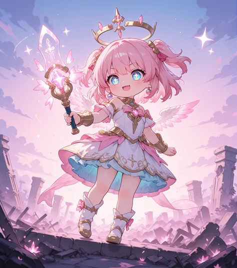 Chibi anime style illustration of the "last heir" holding a glowing ancient artifact.
The character has a small cute body, oversized sparkling eyes, and a determined yet playful expression.
They wear a whimsical outfit with magical runes, symbolizing the...