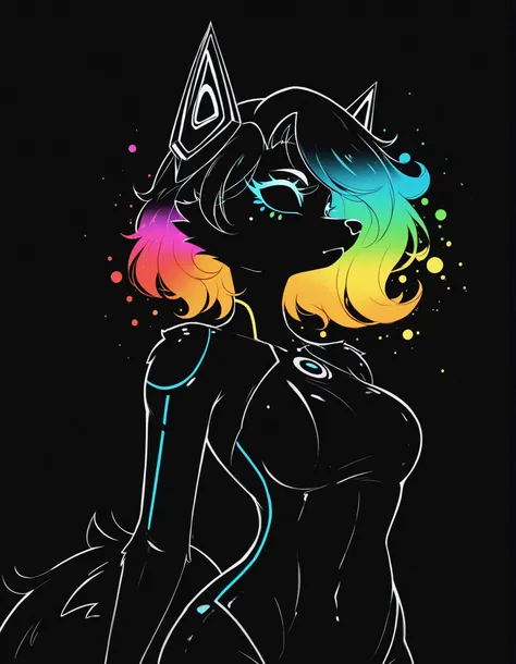 jasminthemanticore_style, shiny,, furry girl, anthro, facing sideways, elegant pose, silhouette body, (glossy black fur), (neon outlines), (flat lighting), exploding fractals, liquid neon paint, splash effect, rainbow iridescent hair, gradient glow, (triad...