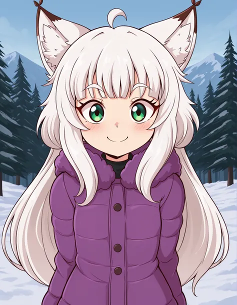jasminthemanticore_style, shiny,, anime, solo, BREAK, young fox girl, skinny and frail, (petite,cute:0.5), green eyes, looking at viewer, long hair, white hair, smile, winter clothes, outdoors, winte