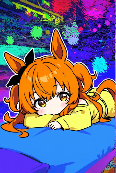 masterpiece, best quality, amazing quality, 1girl, mayano top gun(umamusume), chibi , vivid colors background , lying