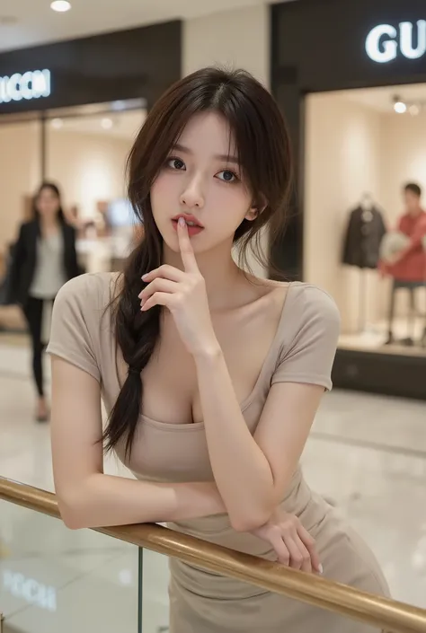 Ultra realistic 8K portrait of a beautiful young Korean Chinese woman in her 20s with (large natural breasts:1.5). She wears a fitted beige two-piece set, featuring an off-the-shoulder crop top modified with short sleeves and a matching, figure-hugging lon...