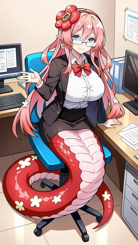 (Fraction_9:0.9),Fraction_8_Up,Fraction_7_Up,grade,(zPDXL3),(   masterpiece),  (best quality ),(All five fingers ),A Girl,alone,Traptrix Rafflesia,PINK HAIR,Liu Hai on the left,long hair,blue eyes, White shirt ,collared shirt, red bow tie,black jacket,Open...