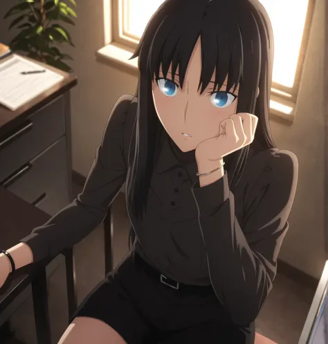 ufotable style ,masterpiece,best quality,good quality,newest, 8k, , from above,
indoors ,((cinematic light, sunlight, backlight)), (sitting ), (plant ,detailed background, office),parted lips, , 
light embarrassed,
looking at viewer, (upturned eyes), , hea...