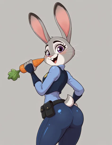 jasminthemanticore_style, shiny,, judy hopps, zootopia,  anthro, rabbit, bunny girl, female, solo, grey fur, white muzzle, purple eyes, pink nose, long ears, pink inside ears, whiskers, eyelashes,
police uniform, zpd uniform, blue shirt, dark blue vest, bu...