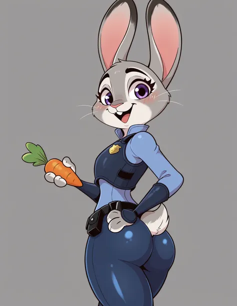 jasminthemanticore_style, shiny,, judy hopps, zootopia,  anthro, rabbit, bunny girl, female, solo, grey fur, white muzzle, purple eyes, pink nose, long ears, pink inside ears, whiskers, eyelashes,
police uniform,  blue shirt, dark blue vest, bulletproof ve...