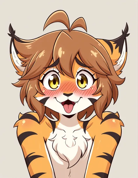 jasminthemanticore_style, shiny,, flora (twokinds), keidran, anthro, furry, female, tiger girl, feline, solo, orange fur, black stripes, white fur, brown hair, messy hair, yellow eyes,
 nervous, shy, embarrassed, blushing, heavy blush, looking at viewer, l...