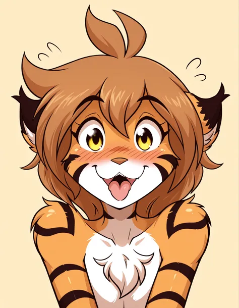 jasminthemanticore_style, shiny,,  flora_(twokinds), flora-twokinds, keidran, anthro, furry, female, tiger girl, feline, solo, orange fur, black stripes, white fur, brown hair, messy hair, yellow eyes, nervous, shy, embarrassed, blushing, heavy blush, look...