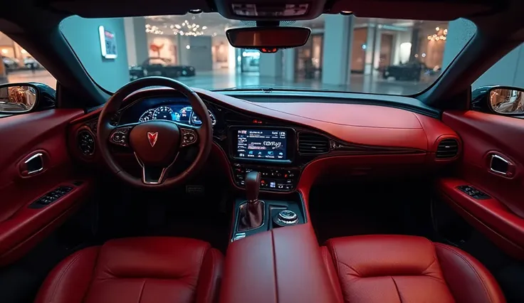 "A high-tech interior front dashboard view of the 2002 pontiac firebird maroon  seats features, focusing on the sleek front dashboard view. The gleamy maroon cabin features a fully right side seats, and a premium steering wheel with illuminated controls. T...