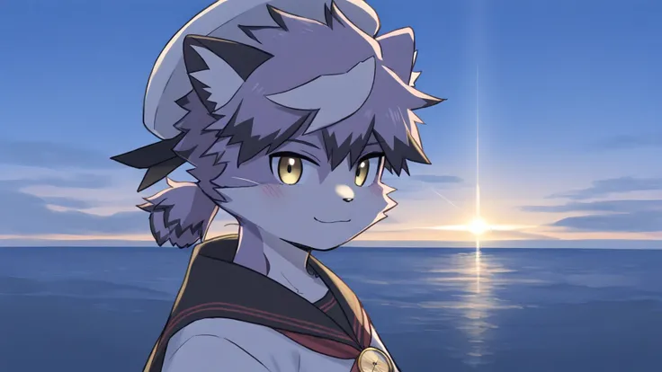 bustup、がおー、(masterpiece, best quality, very aesthetic, newest, 2024:1.2,cinematic lighting), from side,face portrait,
j0ez3n,furry, furry male, male focus, 1boy, solo, cat boy, yellow eyes, sailor hat, sailor uniform, red neckerchief, compass necklace, clo...