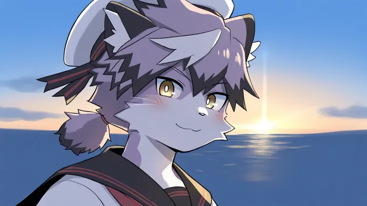 bustup、がおー、(masterpiece, best quality, very aesthetic, newest, 2024:1.2,cinematic lighting), from side,face portrait,
j0ez3n,furry, furry male, male focus, 1boy, solo, cat boy, yellow eyes, sailor hat, sailor uniform, red neckerchief, compass necklace, clo...