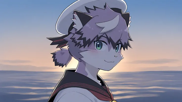 bustup、がおーのポーズ、(masterpiece, best quality, very aesthetic, newest, 2024:1.2,cinematic lighting), from side,face portrait,
j0ez3n,furry, furry male, male focus, 1boy, solo,pink cat boy,  sailor hat, sailor uniform, red neckerchief, compass necklace,side ang...