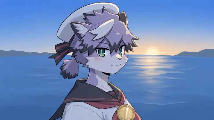 bustup、がおーのポーズ、(masterpiece, best quality, very aesthetic, newest, 2024:1.2,cinematic lighting), from side,face portrait,
j0ez3n,furry, furry male, male focus, 1boy, solo,pink cat boy,  sailor hat, sailor uniform, red neckerchief, compass necklace,side ang...