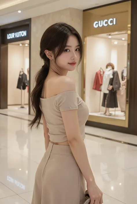 Ultra realistic 8K portrait of a beautiful young Korean Chinese woman in her 20s with (large natural breasts:1.5). She wears a fitted beige two-piece set, featuring an off-the-shoulder crop top modified with short sleeves and a matching, figure-hugging lon...