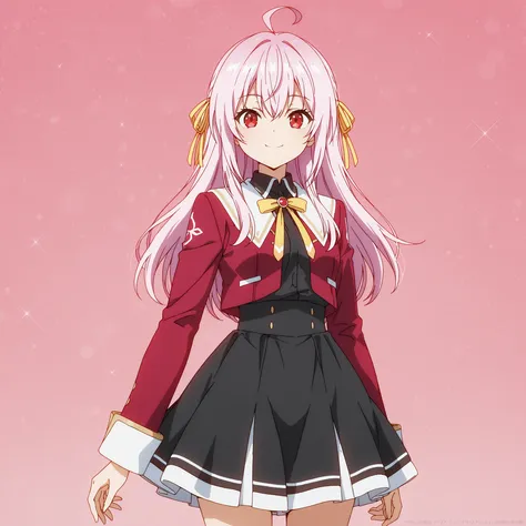 Pink hair,ahoge,Red eyes, smile, black shirt, red jackets with white trim,yellow ribbon, black skirt with white trim, HD, anime style, 1girl