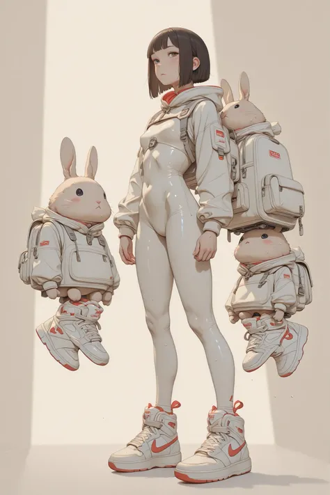 
high image quality、real photos、masterpiece、 sweaty shiny skin 、The mass-produced factory line、Girl standing in the center、petite and delicate physique、short short hair、Short Bob's Cute Face、bodysuit is painted ocher、carrying a large white backpack、White A...