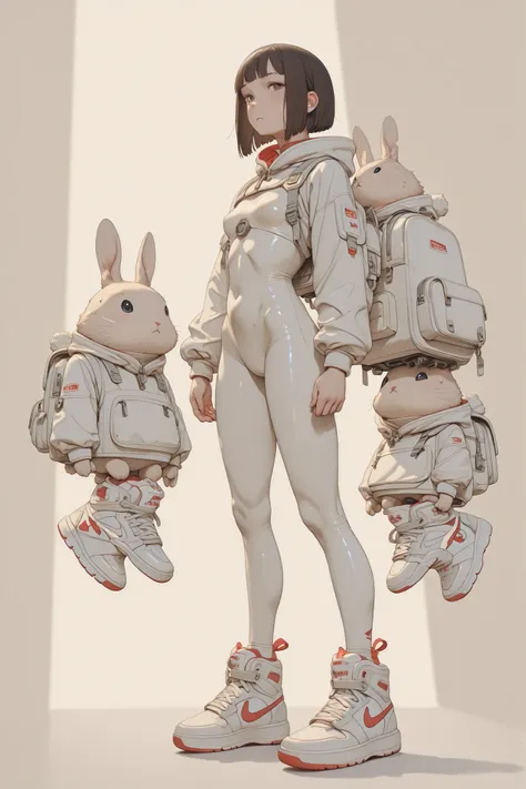 
high image quality、real photos、masterpiece、 sweaty shiny skin 、The mass-produced factory line、Girl standing in the center、petite and delicate physique、short short hair、Short Bob's Cute Face、bodysuit is painted ocher、carrying a large white backpack、White A...