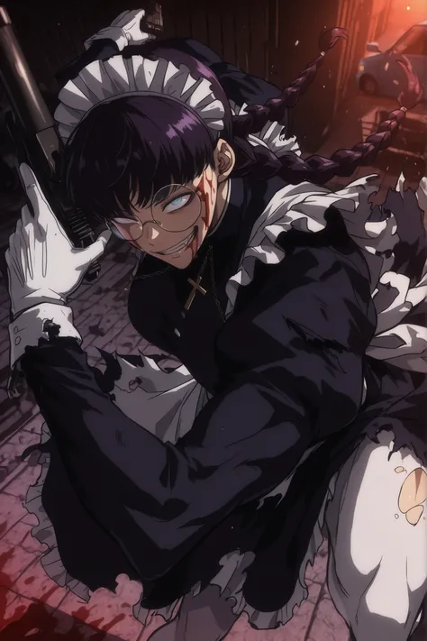 roberta, broken round glasses, blue eyes, wide eyes, maid, black hair, twin braids, dark purple hair, long sleeves, torn clothes, ripped up maid clothes, cross, white gloves, white tights, blood on her face, blood, On the roof of a wrecked car, Predatory s...