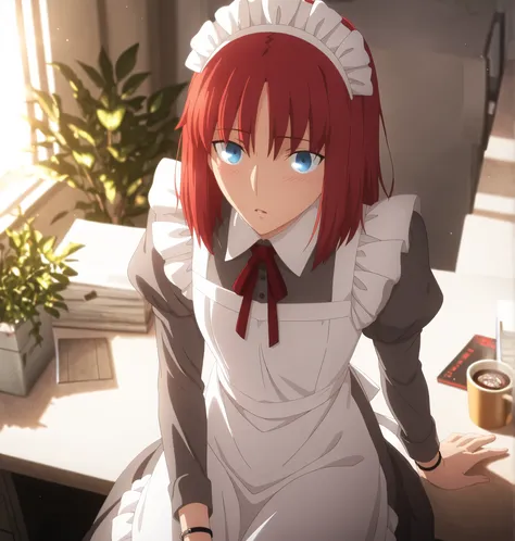 ufotable style ,masterpiece,best quality,good quality,newest, 8k, , from above,
indoors ,((cinematic light, sunlight, backlight)), (sitting ), (plant ,detailed background, office),parted lips, , 
light embarrassed,
looking at viewer, (upturned eyes), , bra...