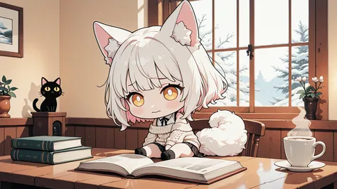 Chibi,(chibi:1.4),Chibi,(chibi:1.4),A shy, super cute Japanese-style anime cat-girl with soft fluffy cat ears and a delicate fluffy tail, sitting inside a warm, cozy Japanese café. She has big gentle eyes with a soft blush, giving a sweet, timid expression...