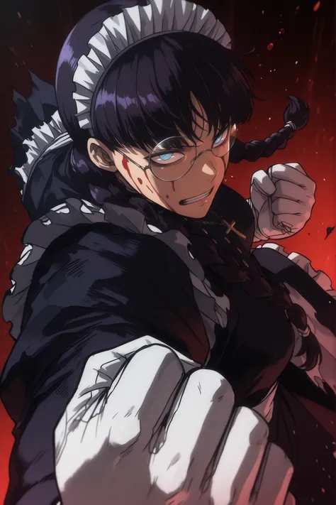 roberta, broken round glasses, blue eyes, wide eyes, maid, black hair, twin braids, dark purple hair, long sleeves, torn clothes, ripped up maid clothes, cross, white gloves, blood on her face, blood, stoic face, boxing stance, fight stance, clenched fist,...