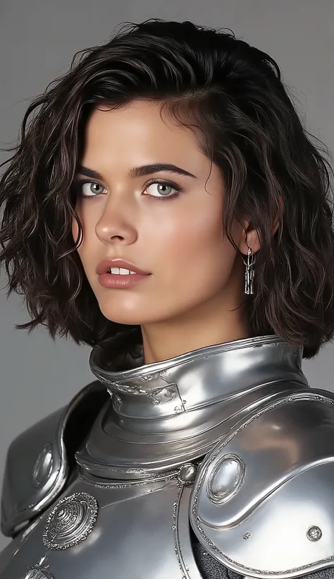 neat young woman wearing luxurious silver armor、、female knight、、、ear piercings、looking at camera、looking directly in front、前髪あり、、、口を閉じている、、face close-up、grey background、
